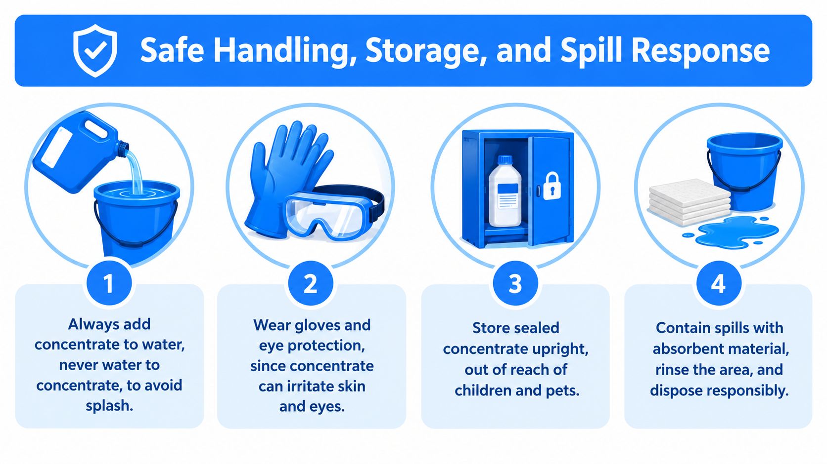 An infographic showing four steps for the safe handling, storage, and cleanup of concentrated liquid cleaners.