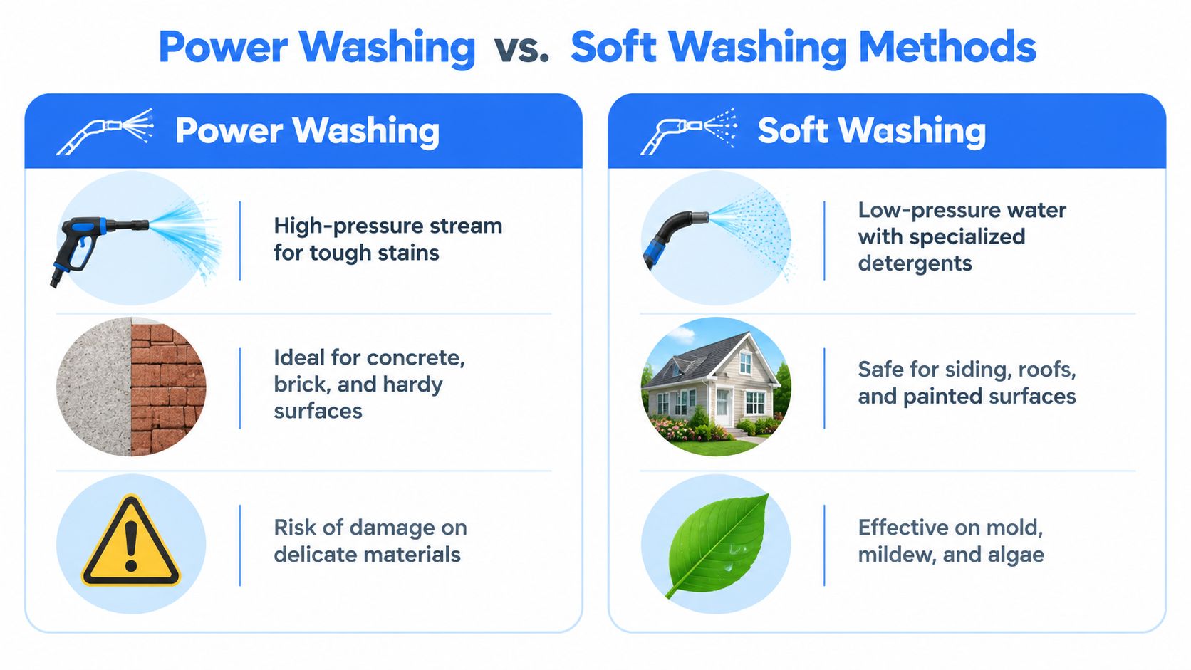 A comparison chart explaining the differences between high-pressure power washing and low-pressure soft washing methods for cleaning.