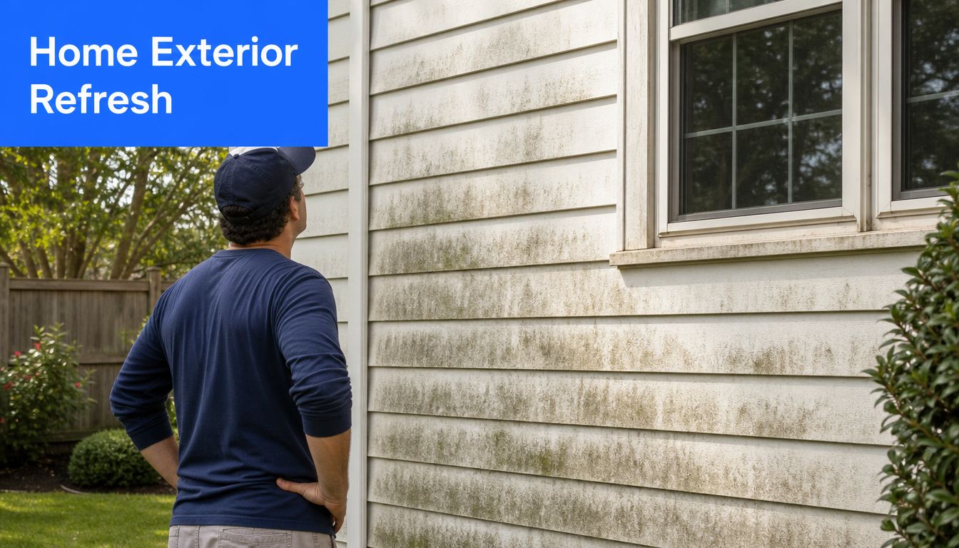 A man looks at his house exterior wall which is stained and dirty with algae and mildew.