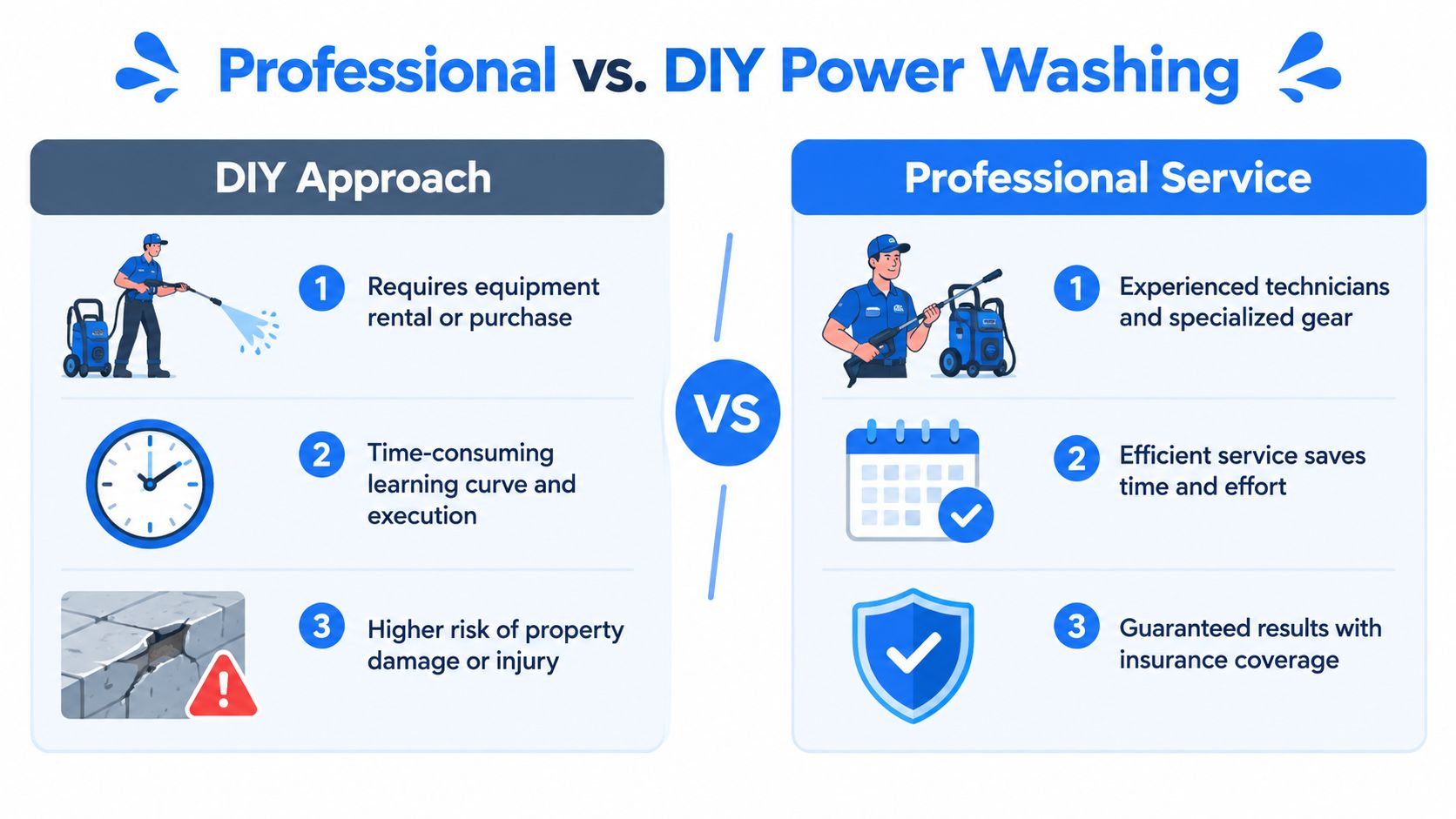 A comparison infographic showing the pros and cons of DIY power washing versus hiring a professional service.
