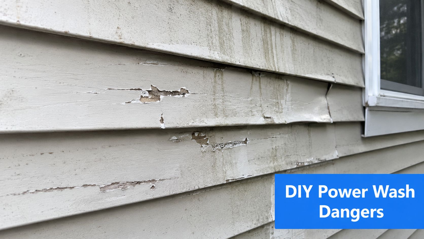 Close up of beige vinyl siding damaged by high-pressure power washing showing peeling paint and cracks.