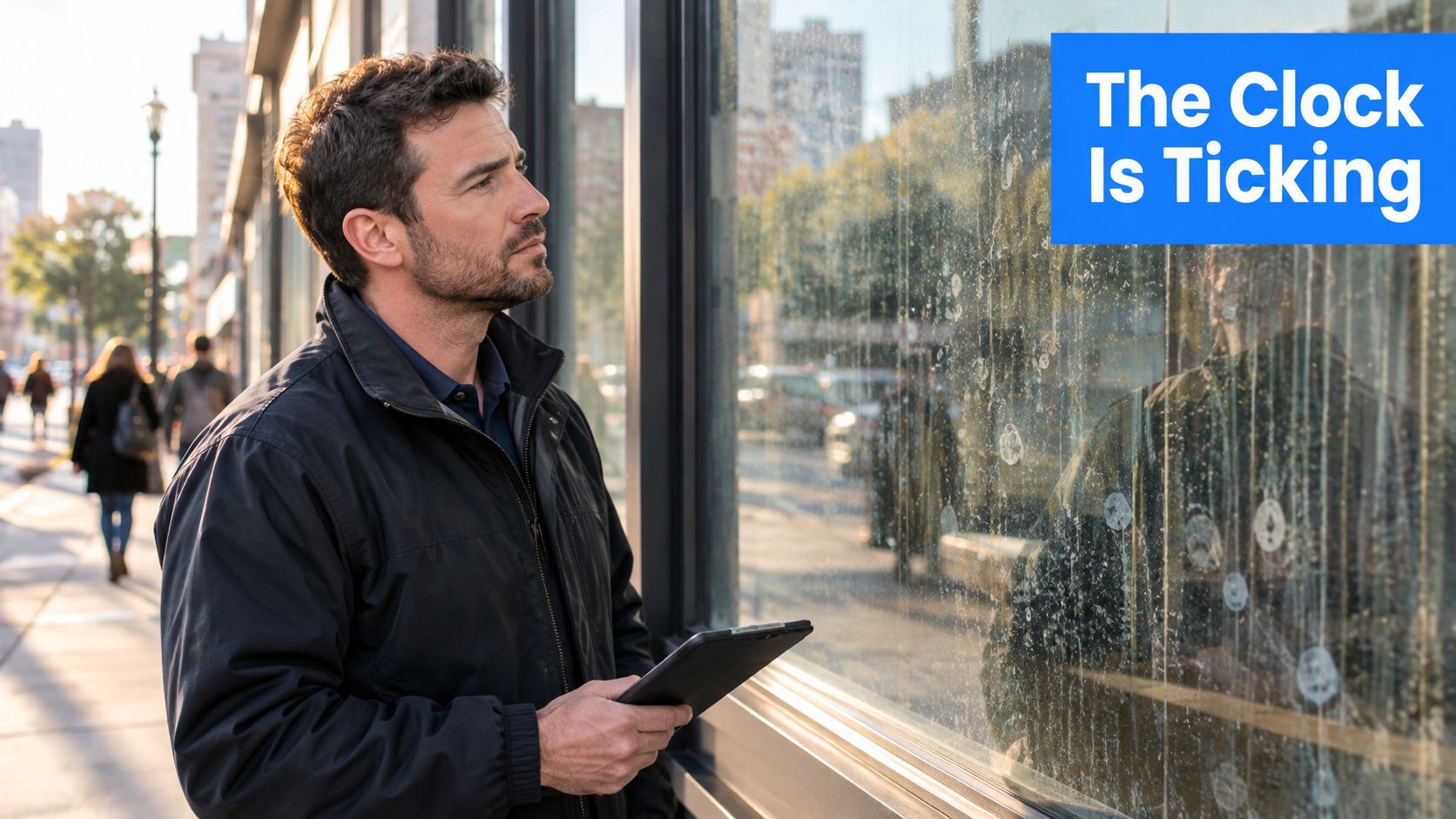 A man in a dark jacket holding a tablet stands before a dirty storefront window outdoors.