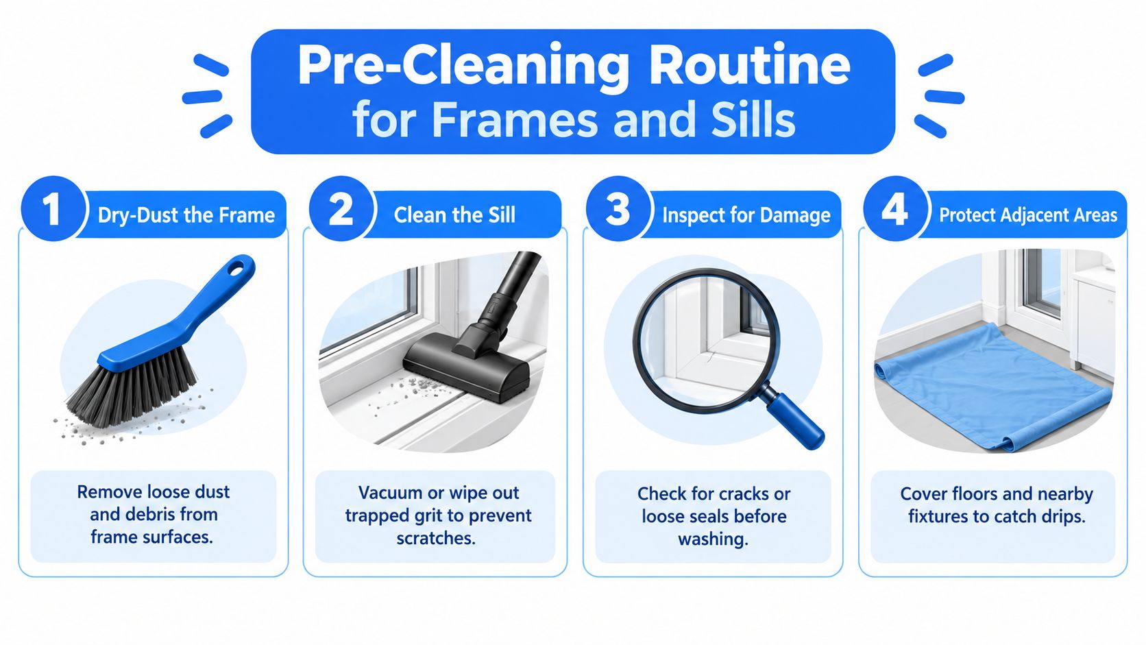 A four-step infographic illustrating the pre-cleaning routine for window frames and sills before washing windows.
