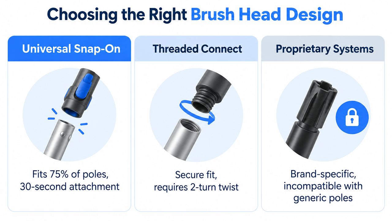 An infographic comparing three types of brush head designs for water fed window cleaning poles.