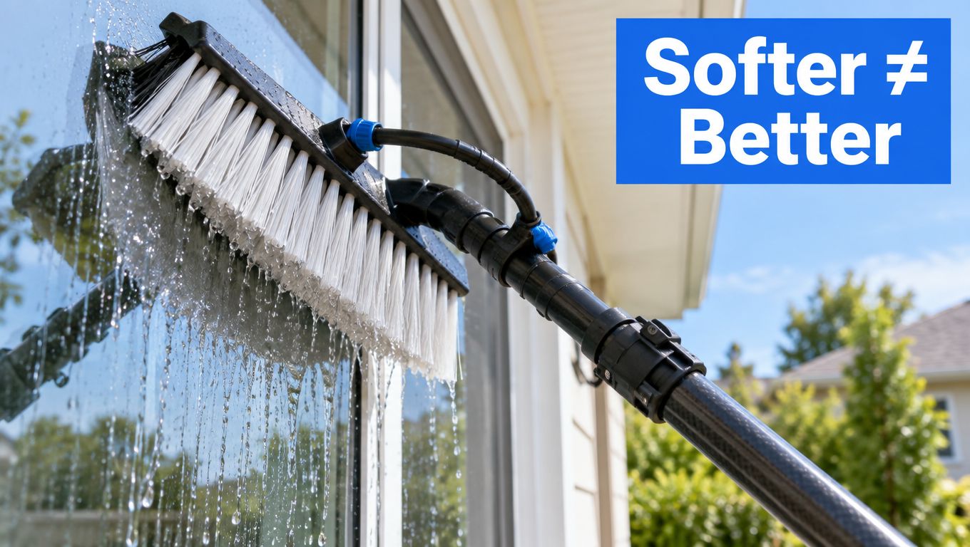 A water fed window cleaning pole with a stiff brush head scrubbing a glass window with water.