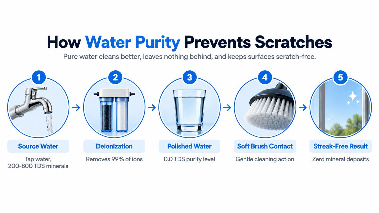 A five-step infographic showing how deionized water prevents scratches during the window cleaning process.